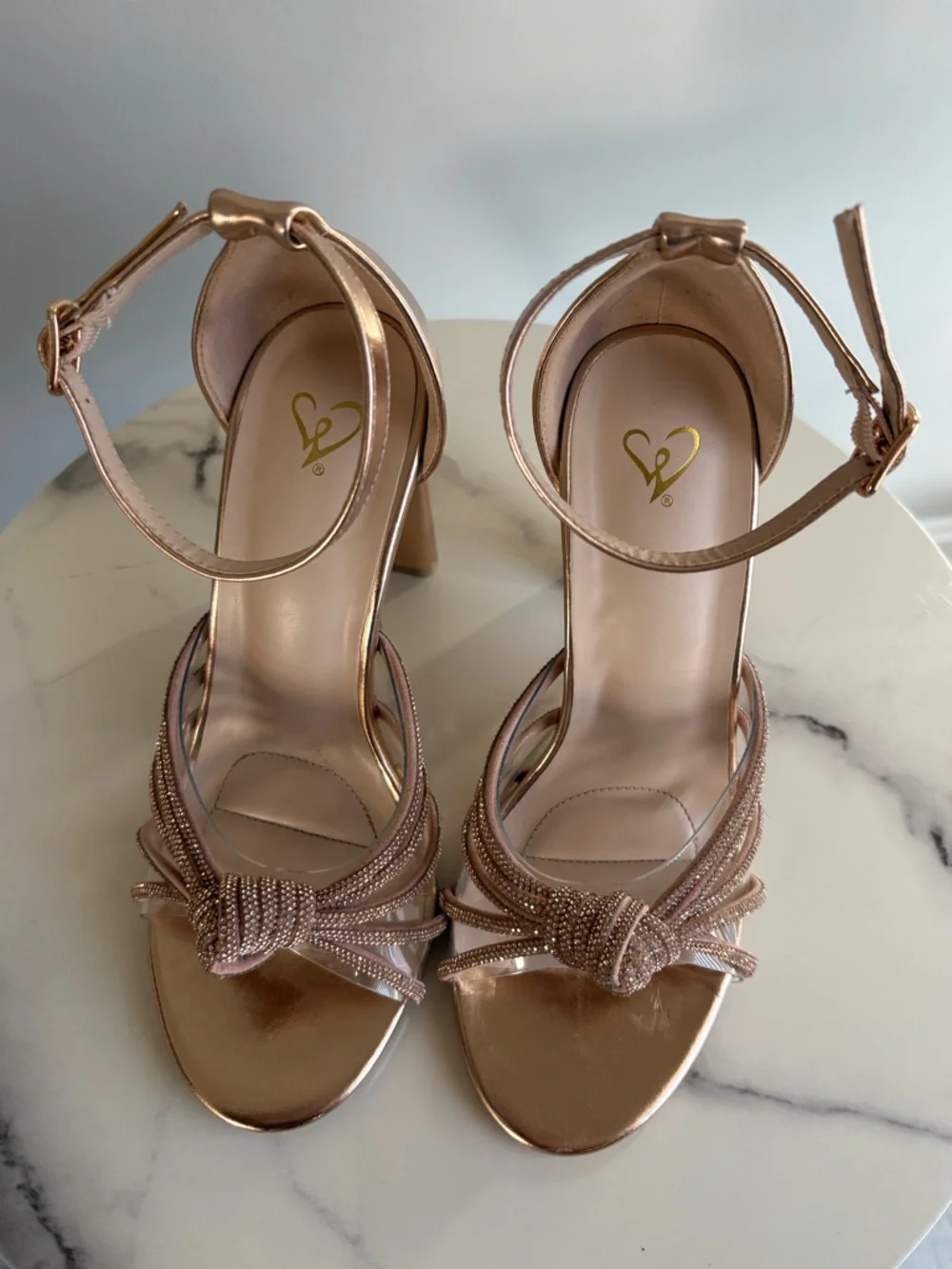 Windsor Rose Gold Rhinestone Metallic Knotted Strap Heels Size 6.5 - Picture 7 of 7